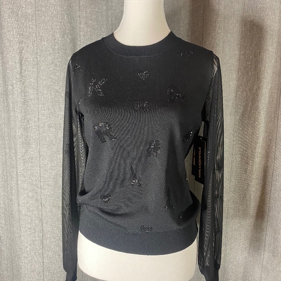 NWT Karl Lagerfeld Paris black top with sheer sleeves xs - Picture 1 of 5